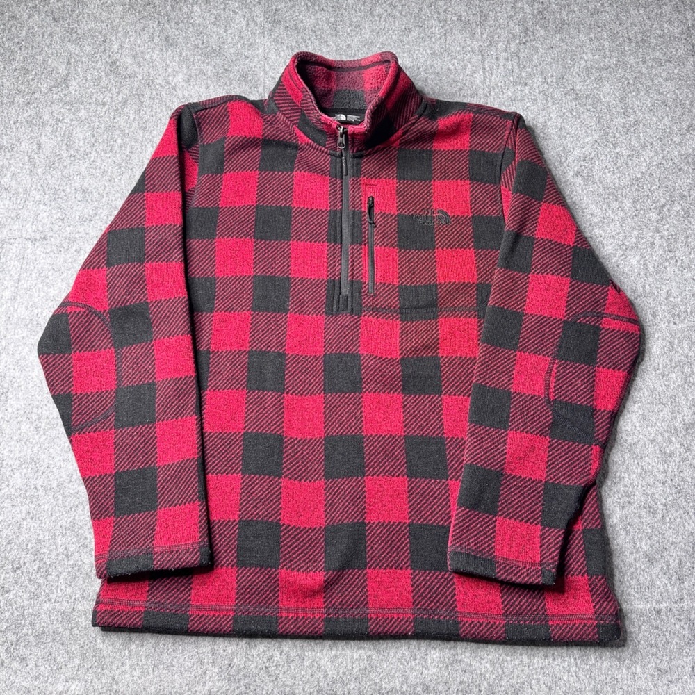 The North Face Mens XL Red Black Buffalo Plaid Quarter Zip Fleece Jacket